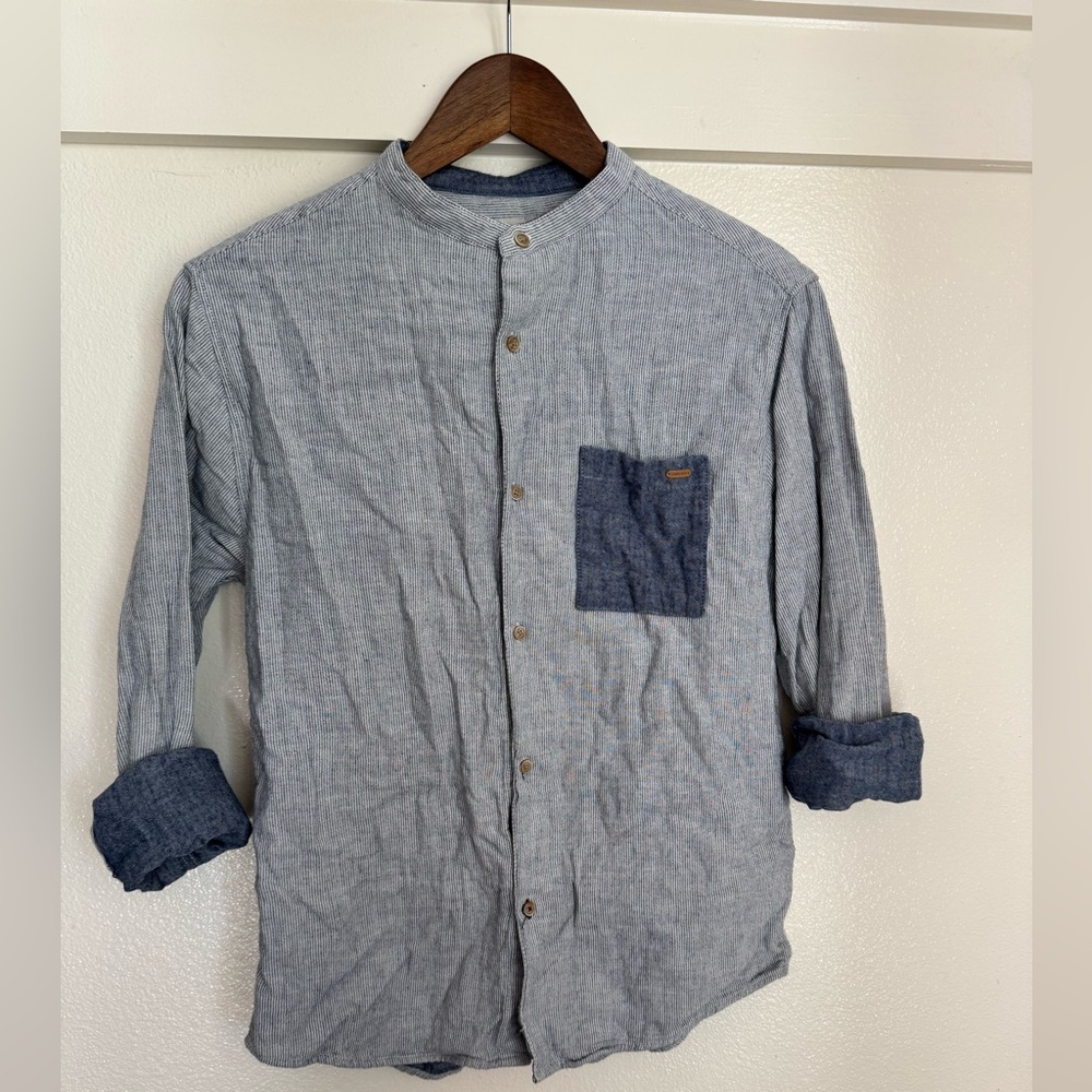 Zara Kids Blue Striped Cotton Button-Down Shirt 13/14 Band Collar Casual Top